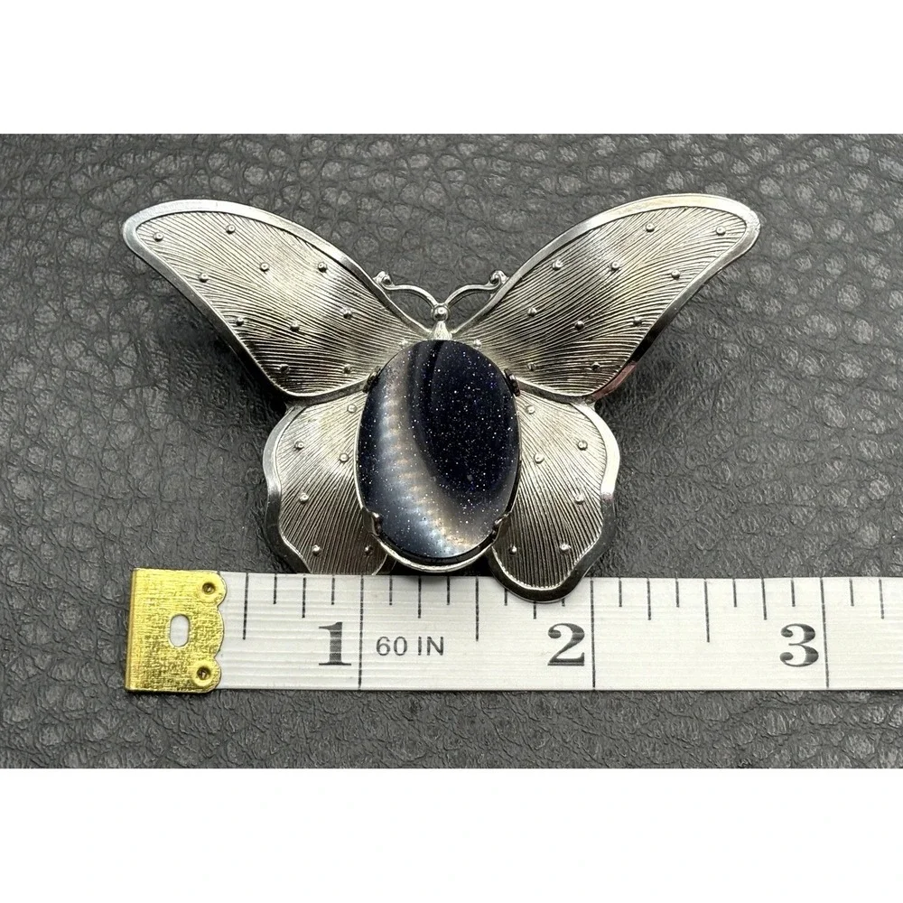 Vintage Silver Tone Butterfly Brooch Pin Dark Blue Goldstone Glitter Cabochons